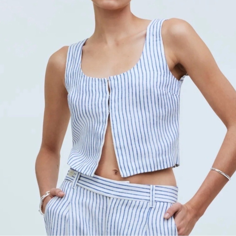 Madewell Linen Blue and White Striped Scooped Neck Crop Top - NWT